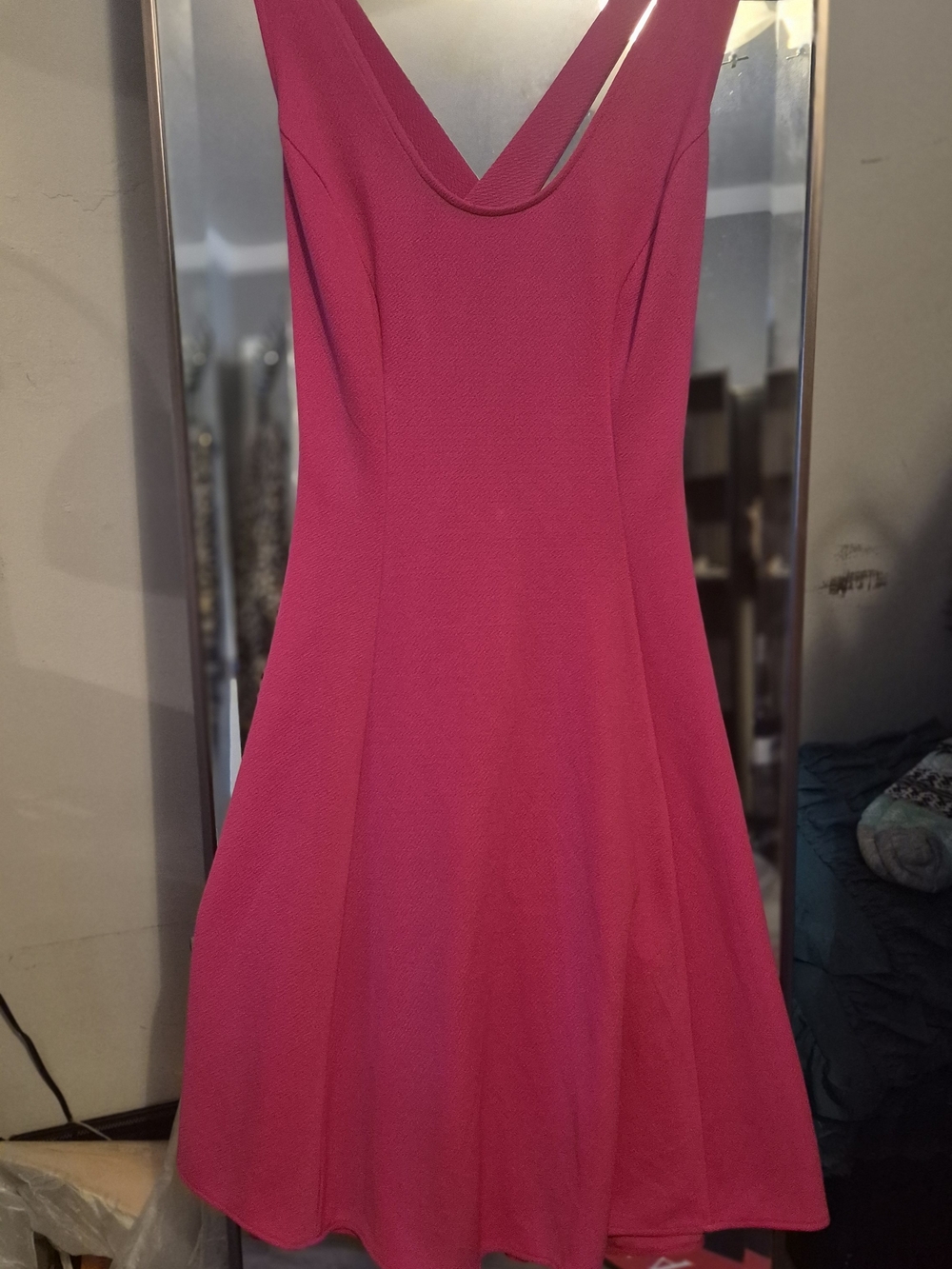 New York & Company Hot Pink V-Neck Fit & Flare Mini Dress